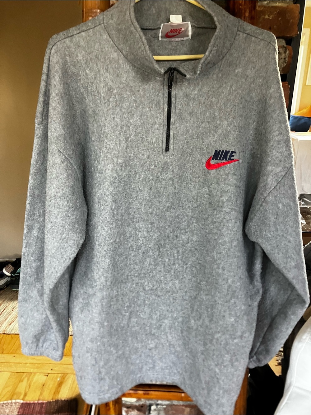 Vintage 90s Nike Made in USA 1/4 Zip Fleece Pullover Jacket Grey Red XL